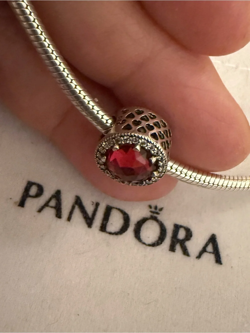 Pandora Sterling Silver Round Pink Crystal Charm with Clear Pavé Halo